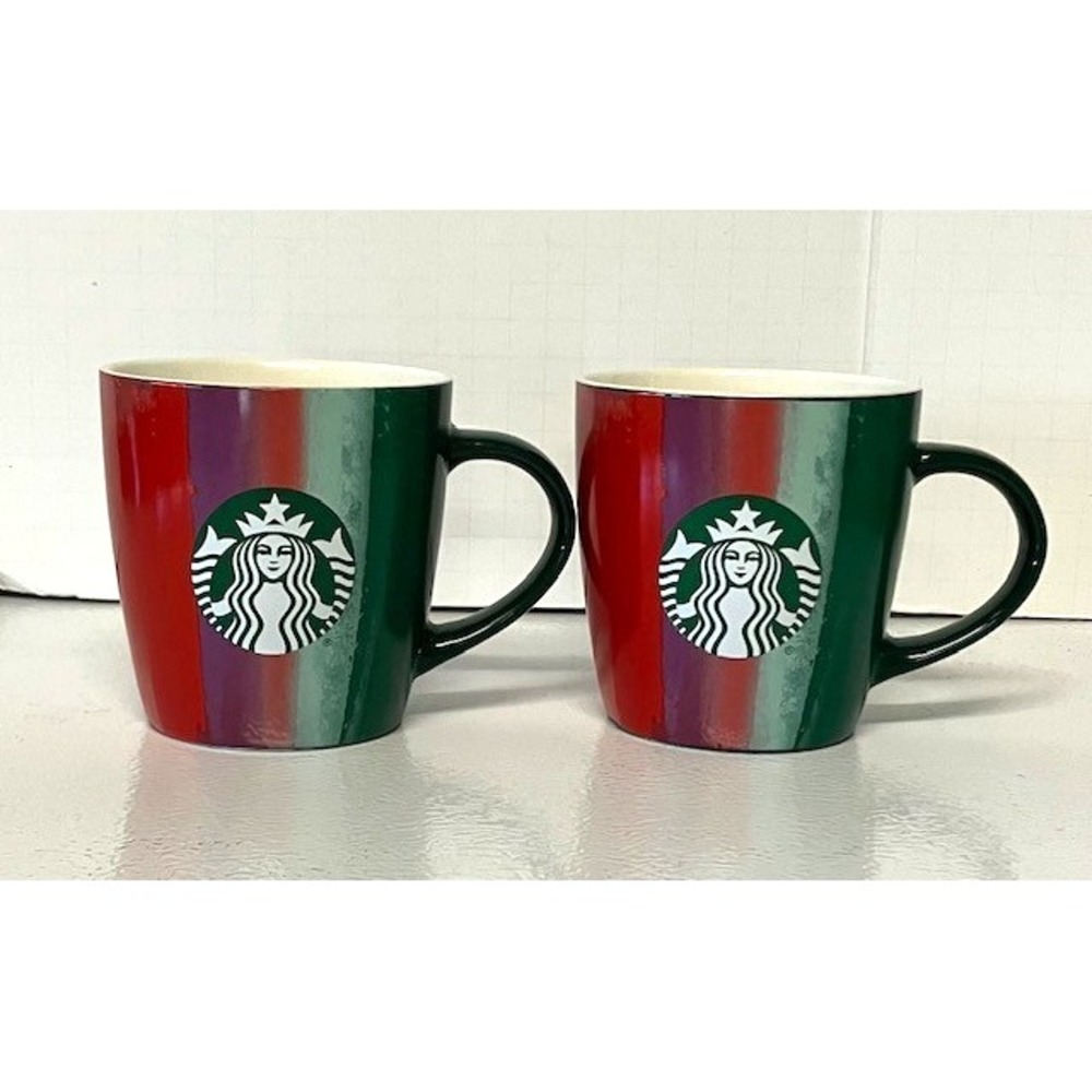 2021 Starbucks Christmas Holiday Paint Stripes Coffee Mug 12 oz Set of 2